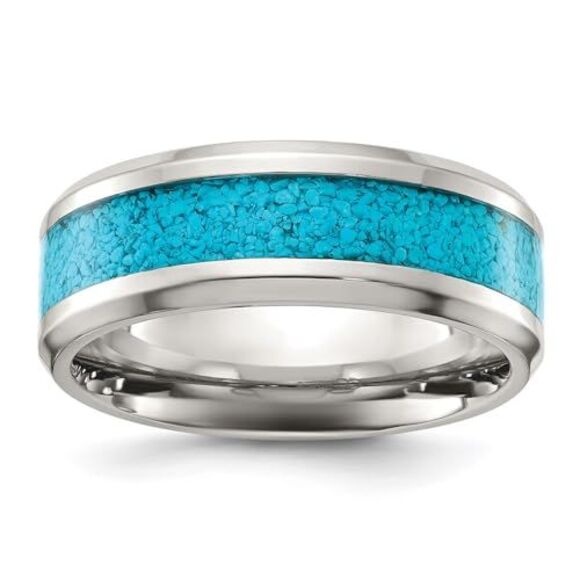 Kazi Luxury Chisel Titanium Polished with Turquoise Inlay 8mm Band - Picture 6 of 9